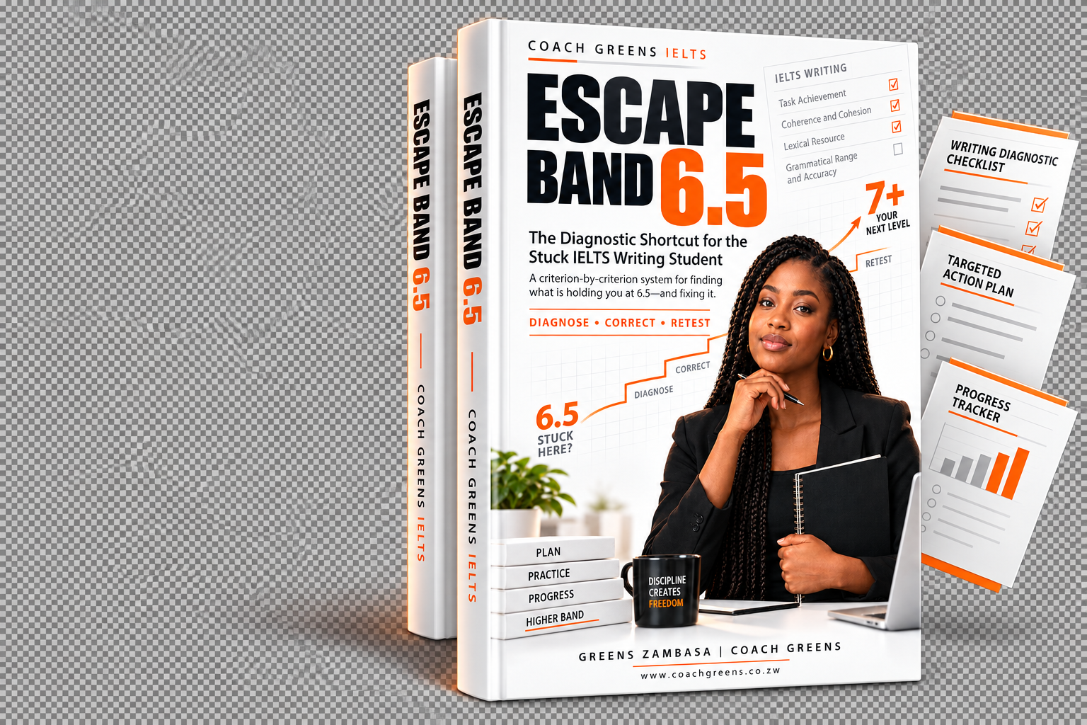 Escape Band 6.5 e-book cover with the IELTS writing diagnostic checklist and companion worksheets